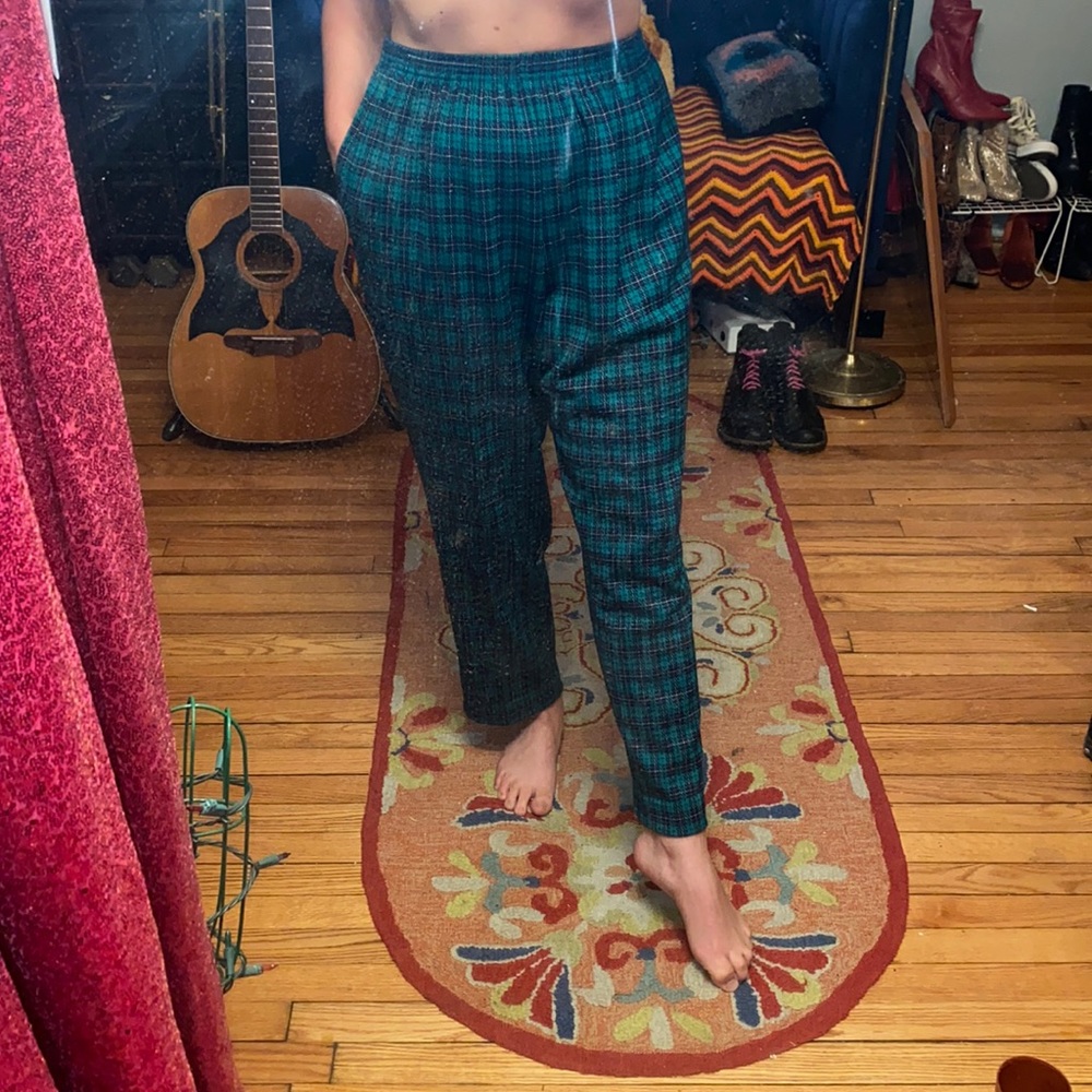 Turquoise Plaid High Waist Pants